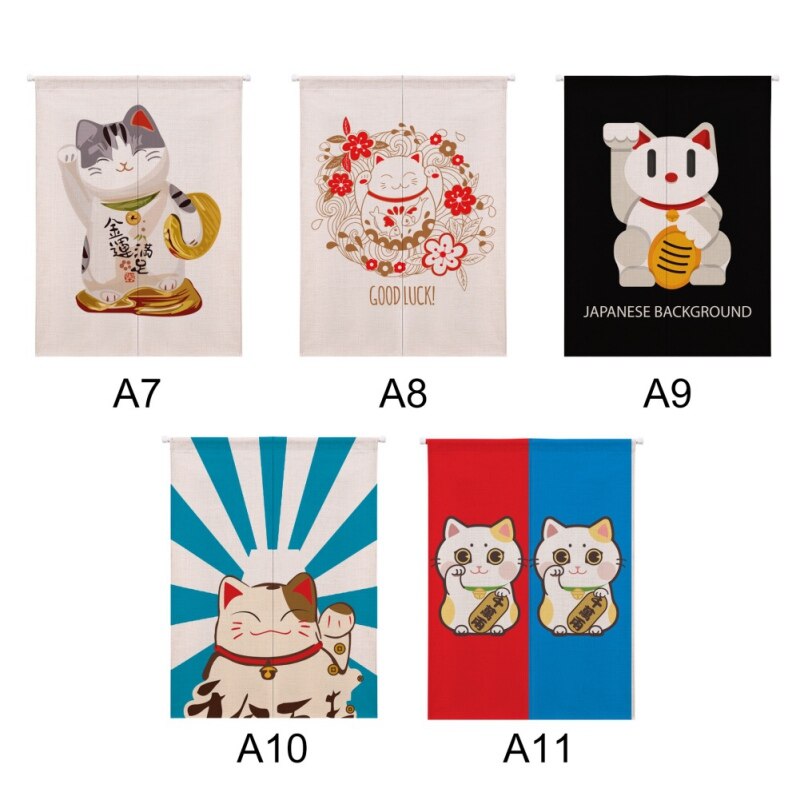 Rideau de porte en coton et lin | Motif chat chanceux, rideaux de porte, diviseur de décoration pour la maison, pour chambre à coucher et cuisine