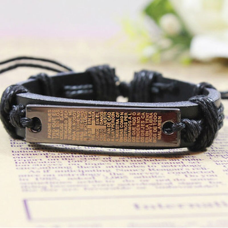 Kirykle Carving Scripture Cross Leather Bracelet Adjustable Bangle Hand-Knitted Bracelet Religious Belief Jewelry