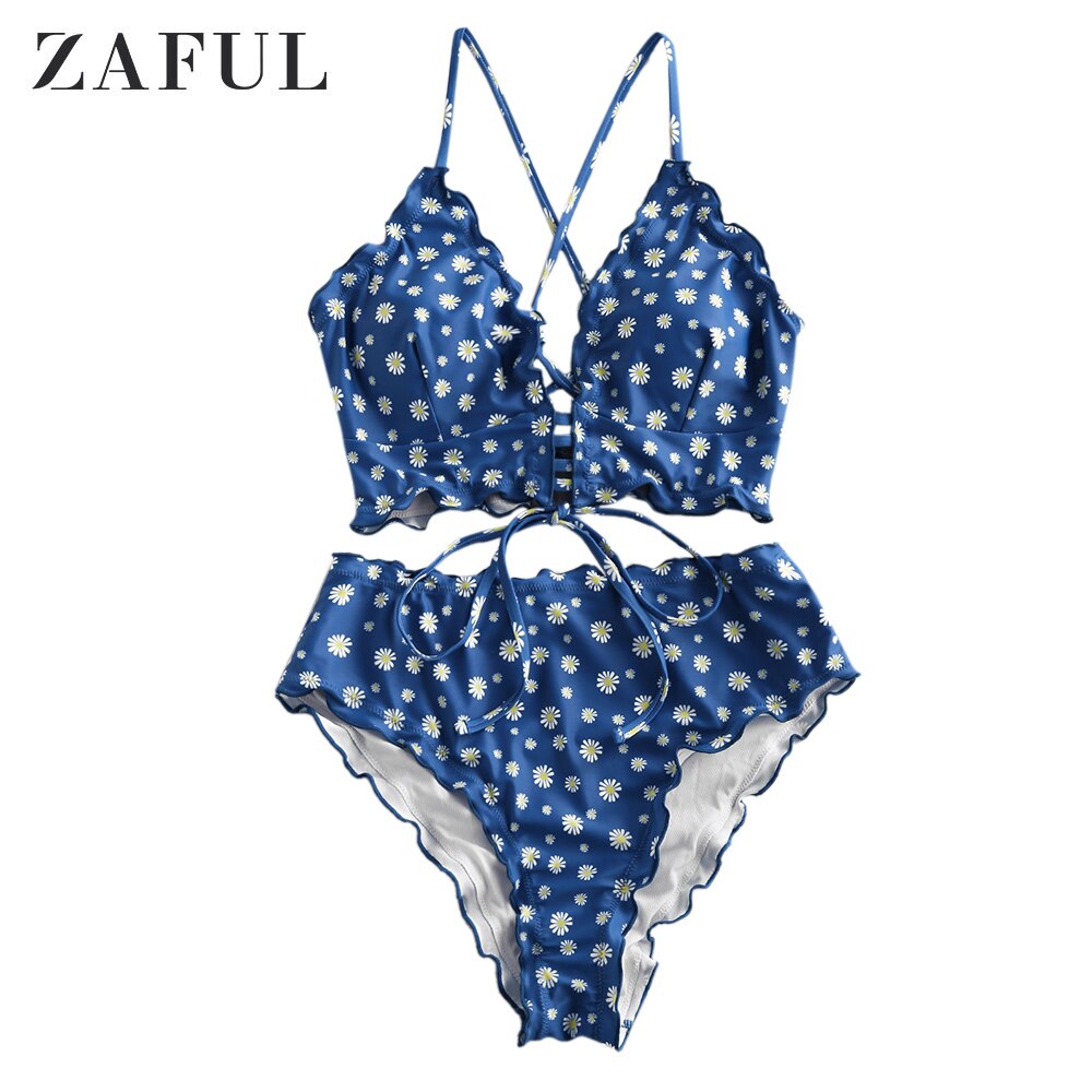 Zaful Daisy Print Sla-Trim Kriskras Lace-Up Tankini Badpak: M