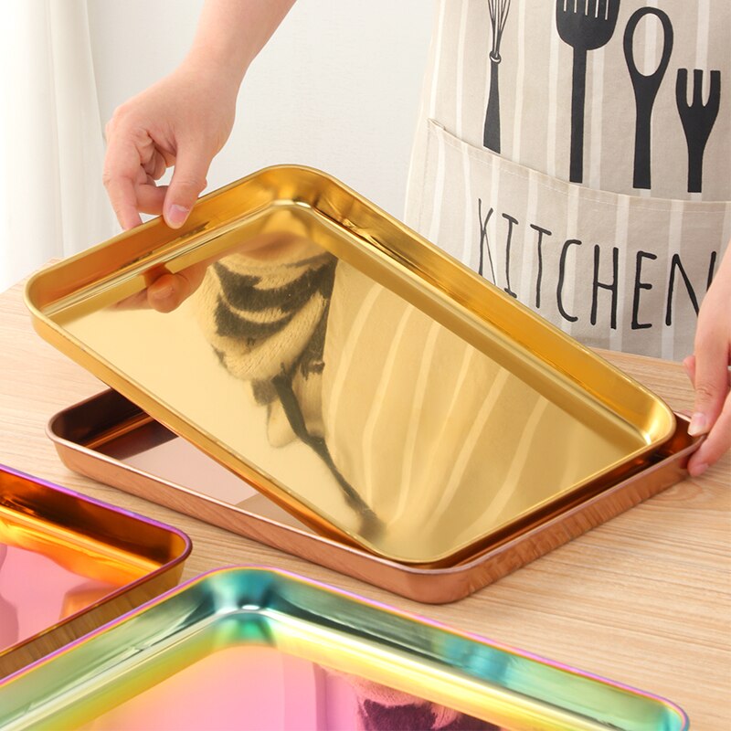 1PCS Serving Plate Stainless Steel Baking Pan Rectangle Storage Cafeteria Tray Food Fruit Plate Barbecue Dish kitchen Accessorie