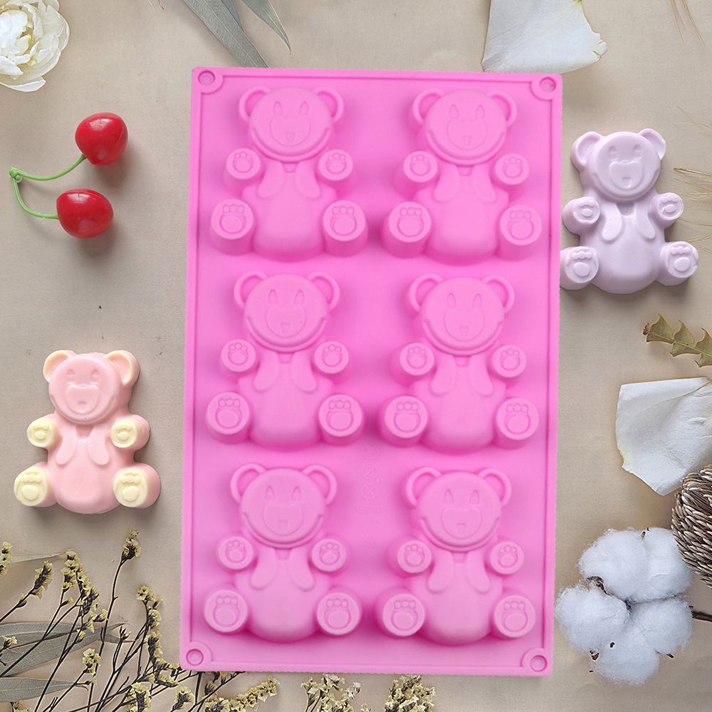 Molde de silicona con forma de oso encantador 3D, herramientas de cocina para hornear pasteles, Fondant, suministros para hornear, 6 cavidades
