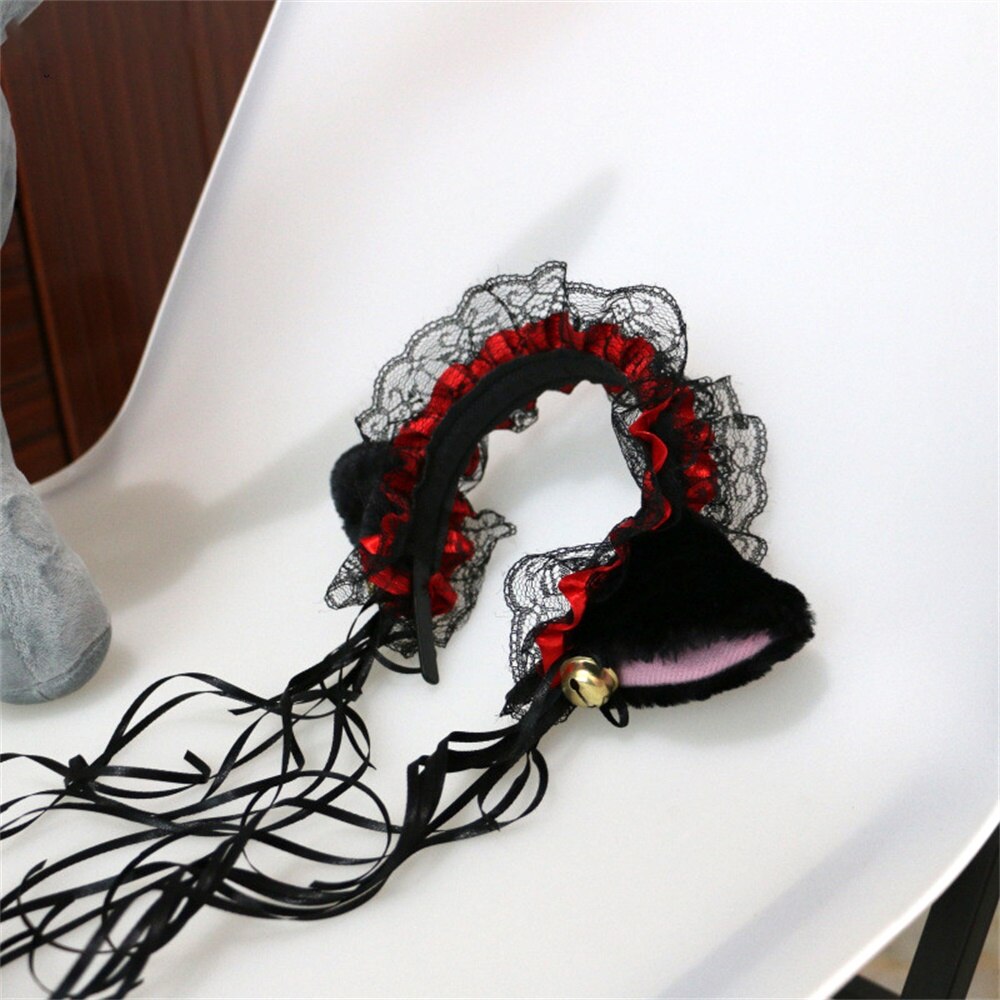 Cute And Beautiful Headwear Maid Cat Ears Lace Bell Headband Cosplay Costume Accessories Headwear Dress Accessories Decoration: Red
