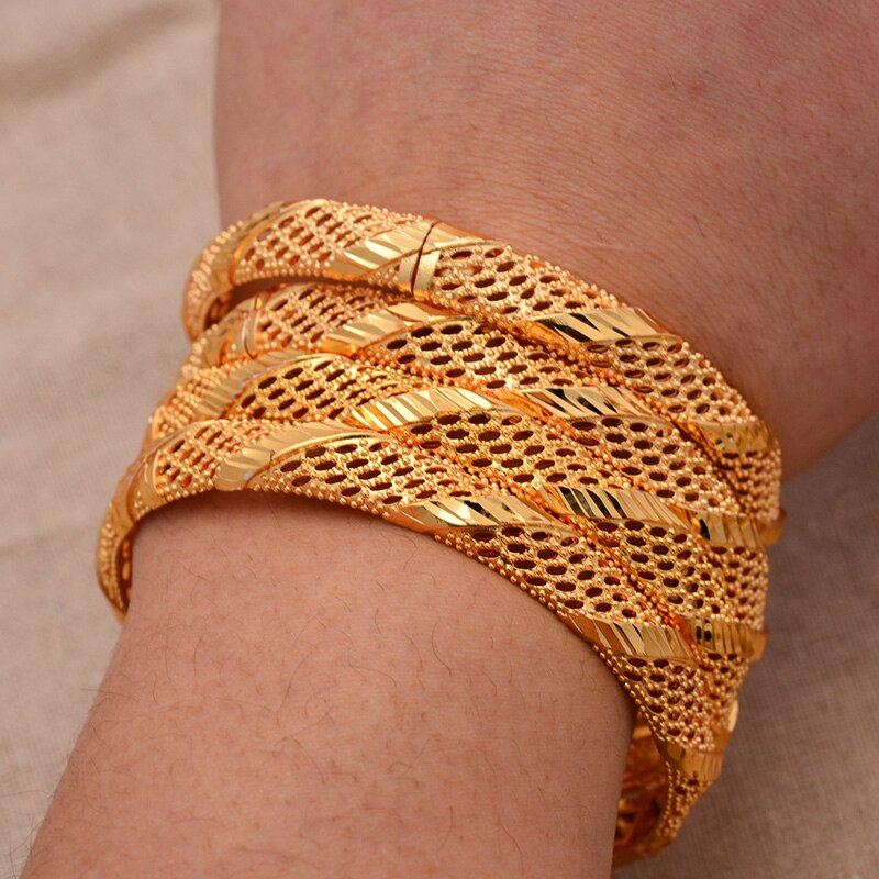 24K (4 Stks/partij) midden-oosten Arabische Dubai Armband Goud Kleur Armbanden Voor Vrouwen Bruid Meisje Afrikaanse Goud Kleur Sieraden Trendy