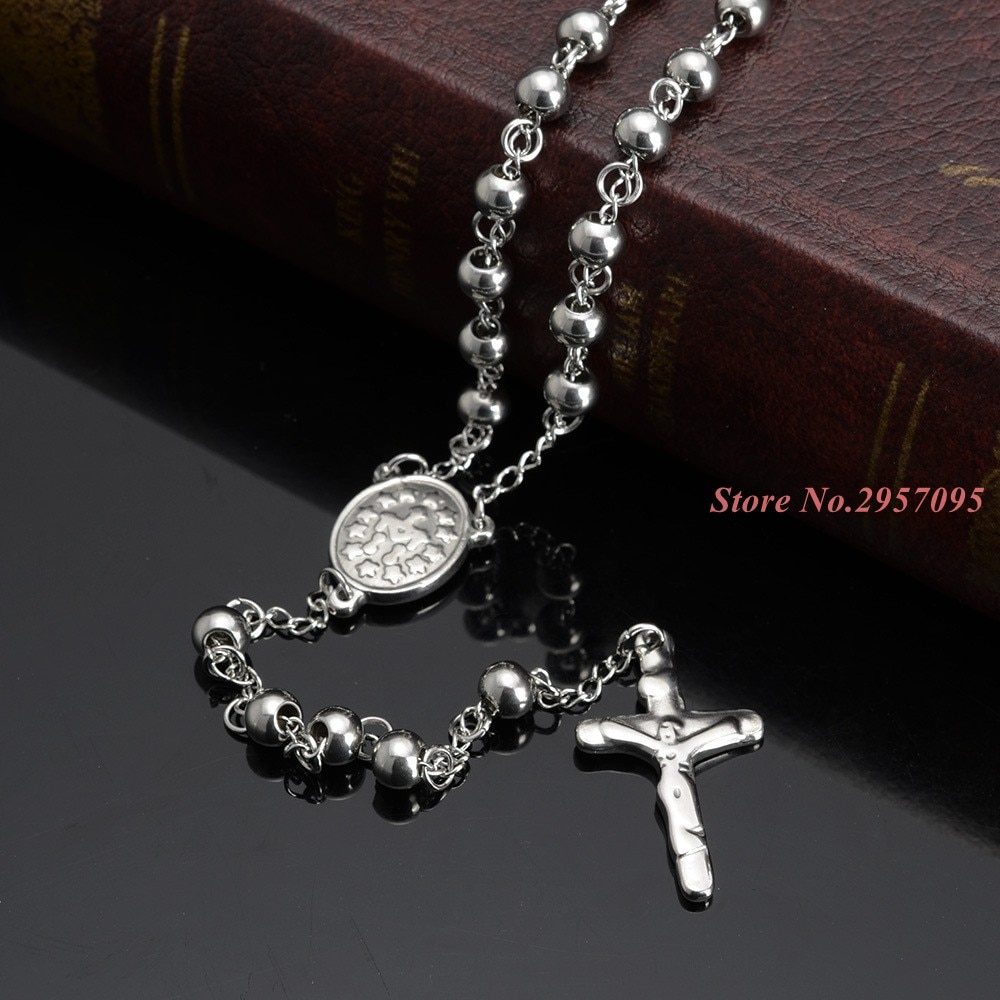 Jewelry Womens Mens Necklace Stainless Steel White Bead Rosary Chain Jesus Christ Cross Pendant