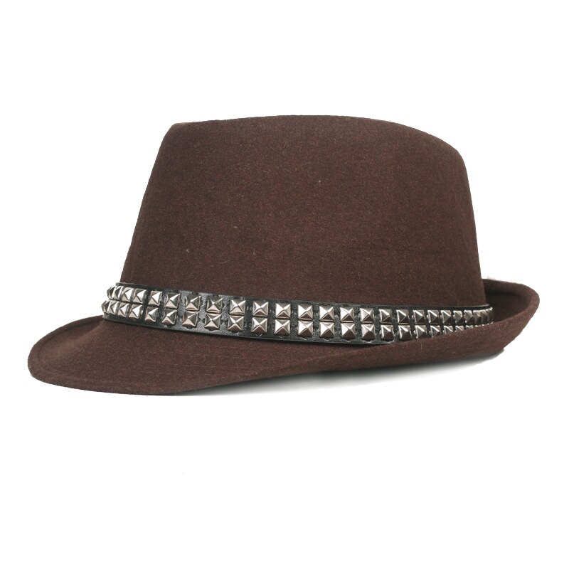 QBHAT-Sombrero de ala corta con remaches para hombre, sombrero de lana con banda de remache, fieltro, Jazz, Trilby, protección solar, para exteriores: Brown