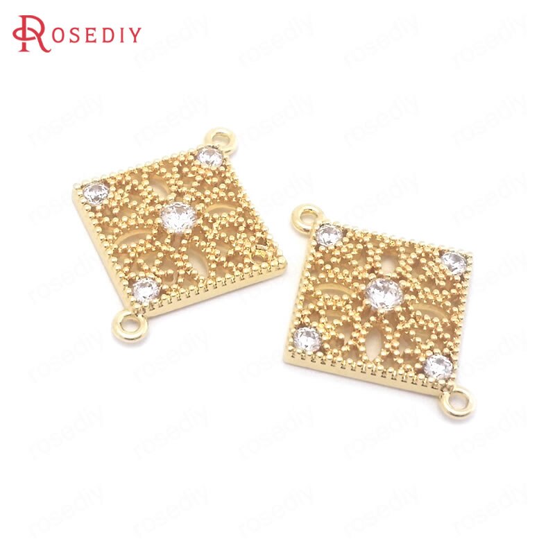 (38453)6pz 16x19.5MM 24K colore Oro in Ottone e Zircone 2 Foro Quadrato Collegare Pendenti E Ciondoli Pendenti con Gemme E Perle di Alta qualità Forniture Creazione di Gioielli