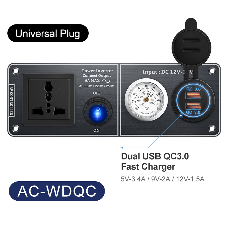 Autoladegerät Multifunktions-Aluminium-Panel-Thermometer AC110V 220V Dual Port USB QC3.0 12V 24V für Wohnmobil-Yacht-Reiseanhänger: YELLOW
