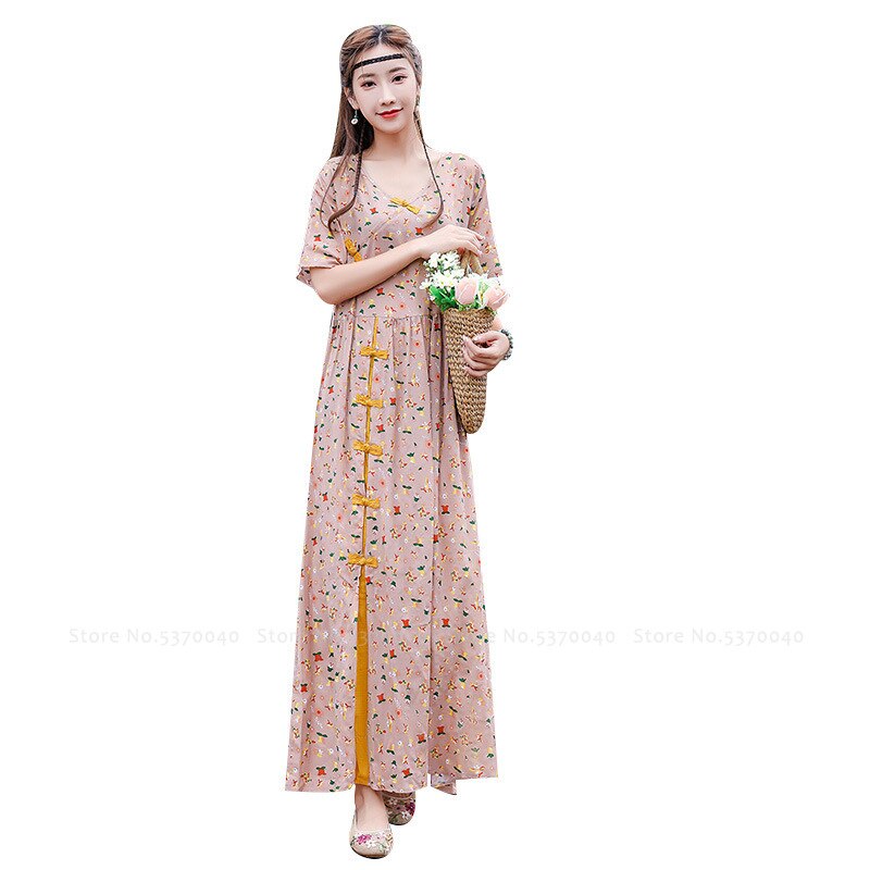 Qipao-Vestido largo informal con estampado Floral para mujer, vestido playero estilo chino Retro Cheongsam de Tailandia, para verano