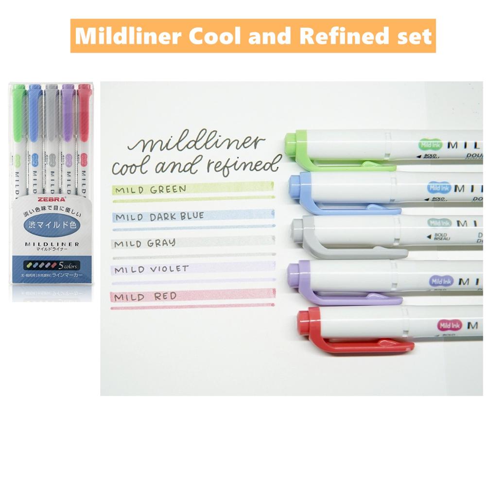 Zebra Mildliner Double Ended Highlighter Pen Set, WKT7 Mild Liner Chisel Marker Fluorescent color Lettering Drawing Paint F6506: Cool and Refined