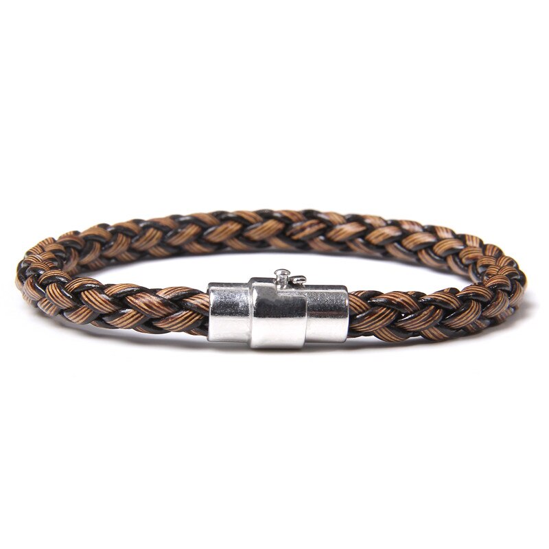 Bracelet tressé en bambou brun pour hommes, bijoux en acier inoxydable, fait à la main, avec boucle magnétique, Bracelet à breloques, pour hommes: Silver / 23CM