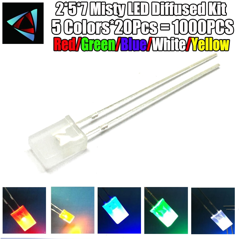 100 stk/parti 2*5*7mm spredte firkantede led kit lysemitterende diode kit 2 x 5 x 7 led diode rød gul grøn blå hvid 5 farver