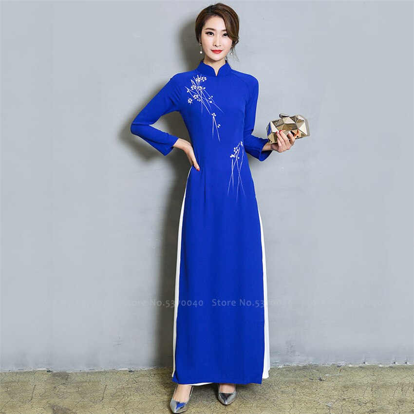 Vietnam stil blomster kinesisk qipao tradisjonell cheongsam fest formell kjole for kvinner hanfu asiatiske klær ao dai vestidos antrekk: Blå kjole / Xl