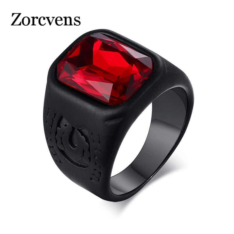 Zorcvens Punk Mannen Red Stone Ring Black Rvs Anillo Masculino Alliantie Met Red Infinity Stenen Mannelijke Accessoire