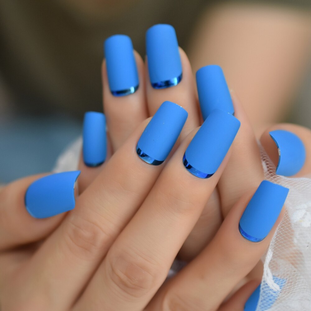 Medium Square Nail Art Tips Matte Plastic Artificial Fingernails Blue Simple Unique False Nails For Nail Art