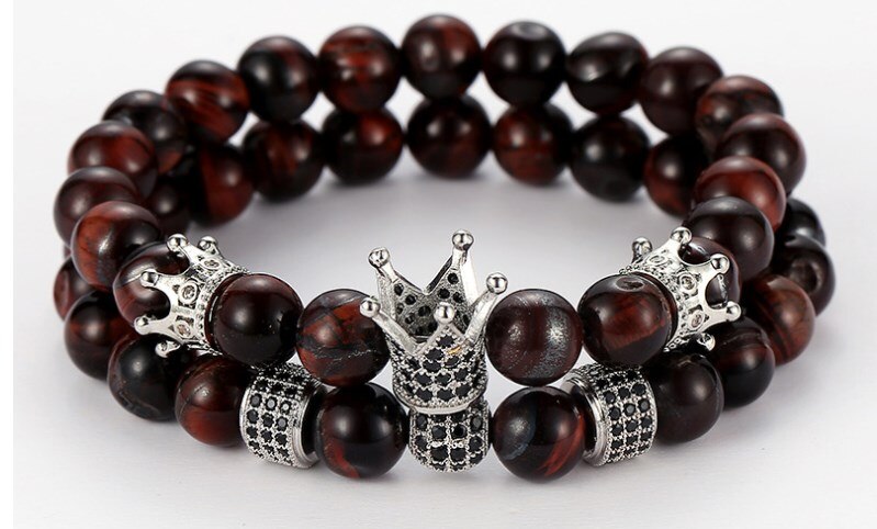 8mm 2 st/set dfg 32 elastisk justerad natur röd tigeröga pärla micro pave cz zirkon cubic zirconia makrame charm crown armband: 3