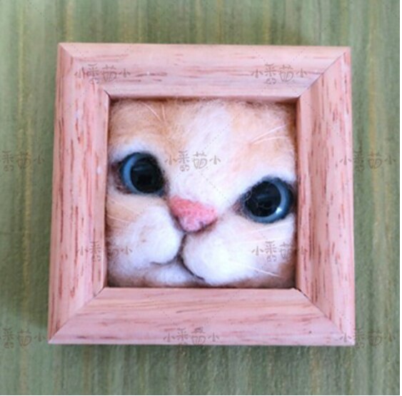 Marco de adorno de cabeza de gato de gatito Zakka, marco de fotos de madera maciza, kit de costura de lana, fieltro de lana, aguja de fieltro, decoración artesanal, aguja