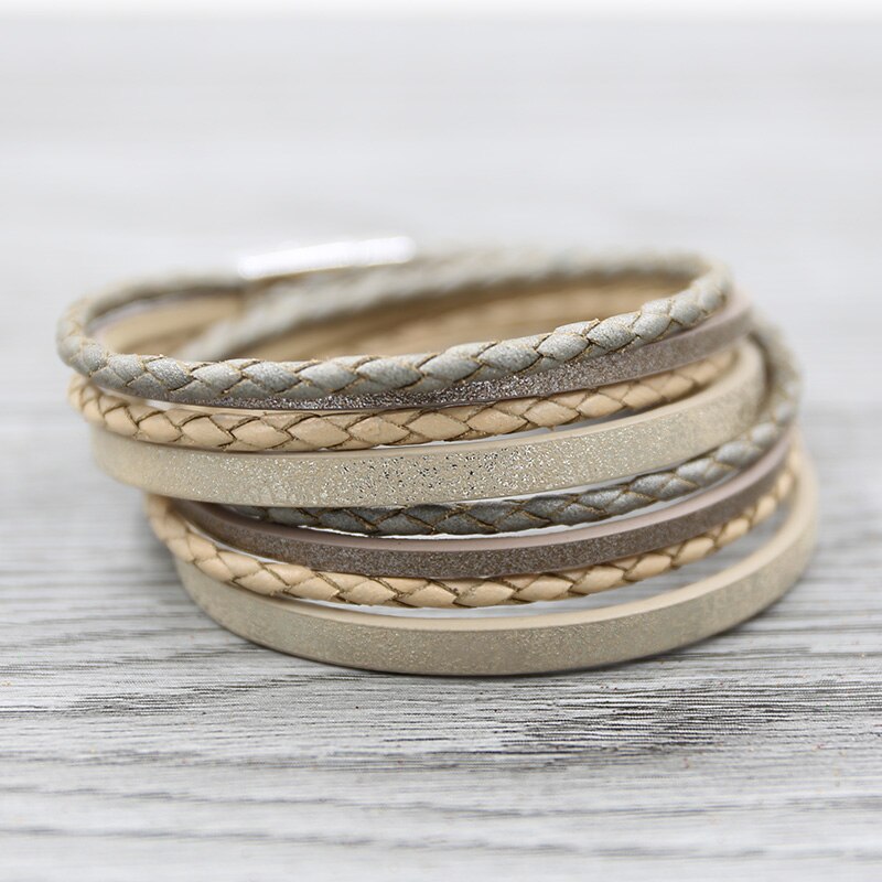 STRATHSPEY-Pulseras envolventes multicapa para mujer, pulsera de cuero con estampado de animales, brazalete Vintage de diamantes de imitación, joyería de cebra: Beige 39.5