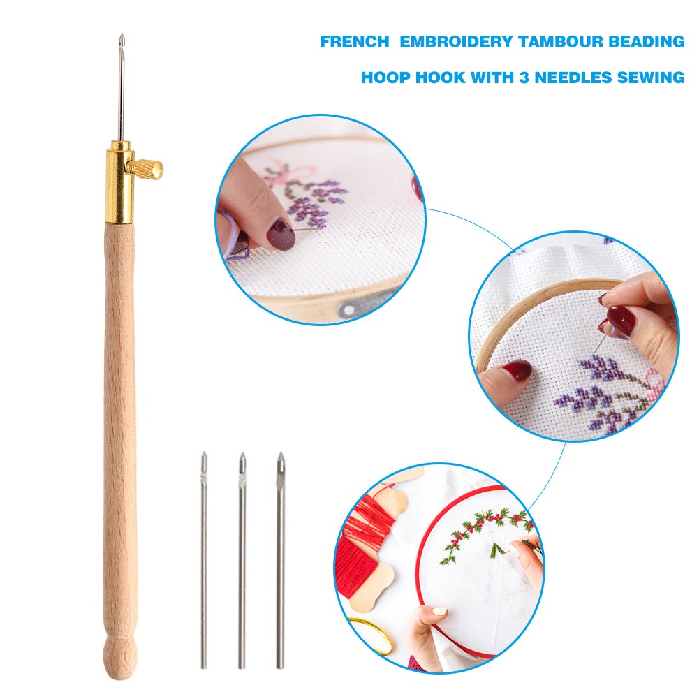 Embroidery Punch Needle Crochet Hook with 3 Needles French Crochet Embroidery Cross Stitch Craft Kit Beading Hoop Sewing Tool