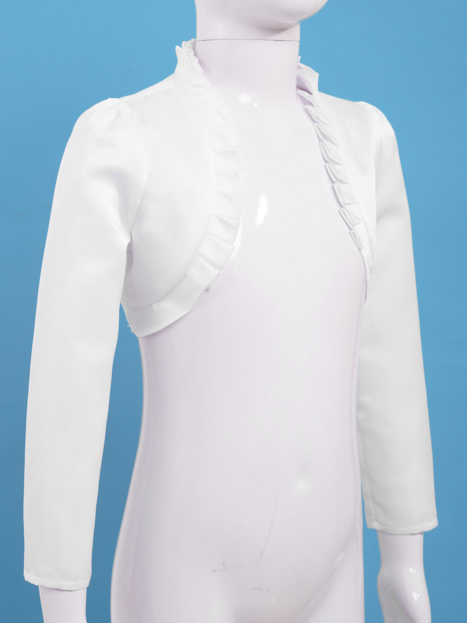Kids Meisjes Satijnen Bolero Vest Solid Lange Mouwen Open Voorzijde Ruffle Trim Korte Schouderophalen Meisjes Wedding Party Jas Uitloper