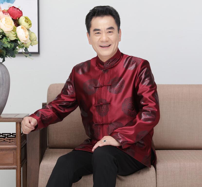 Trajes tradicionales chinos para hombre primavera otoño Tang Suit boda Tops camisa de satén rojo hombres otoño Cheongsam Tops: Rosa / XXXL