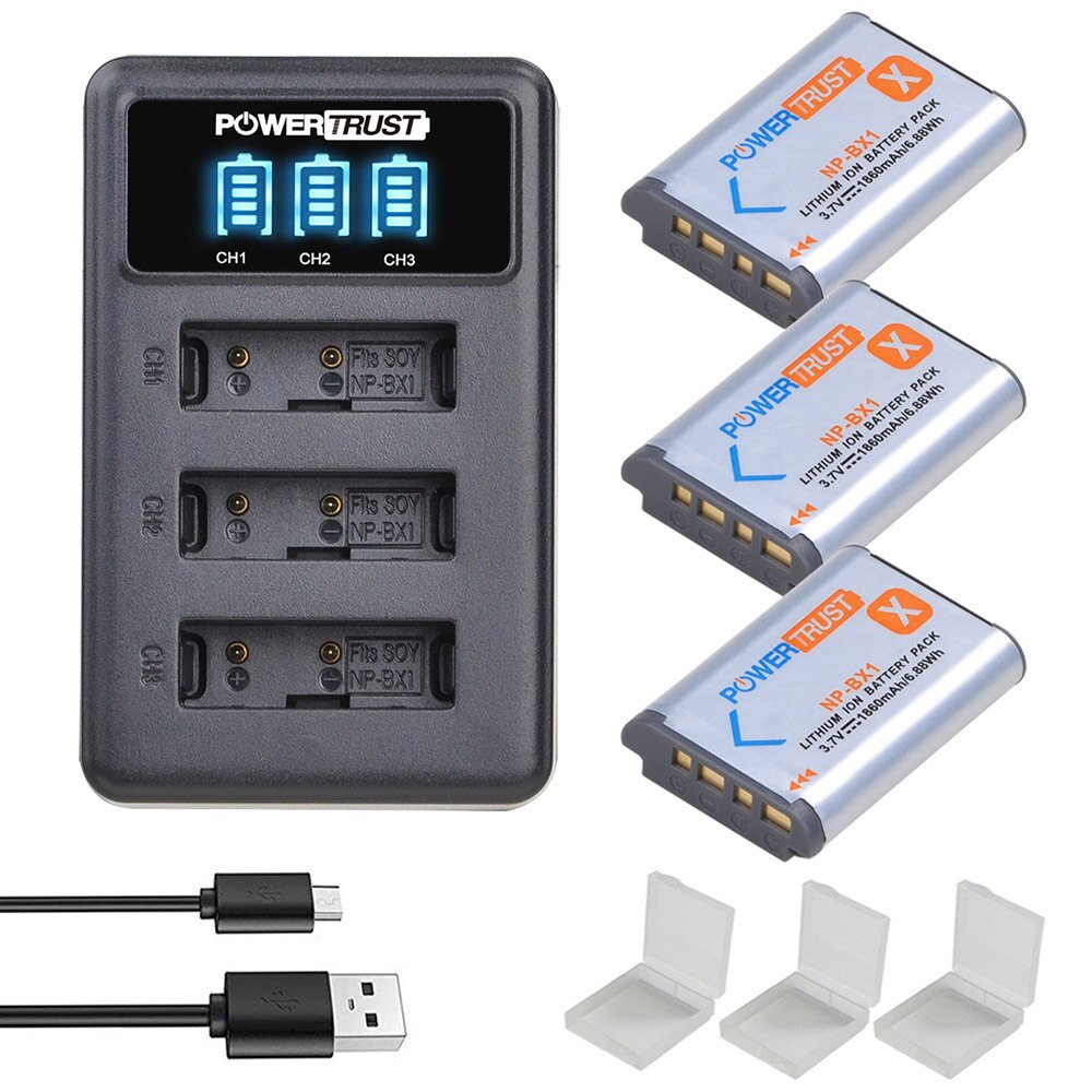 Powertrust NP-BX1 1860 Mah NP-BX1 Batterij En Led 3Slots Lader Voor Sony NP-BX1 HDR-AS200V HDR-AS30 HDR-AS300 HDR-AS50 HDR-CX240: 3Battery and Charger