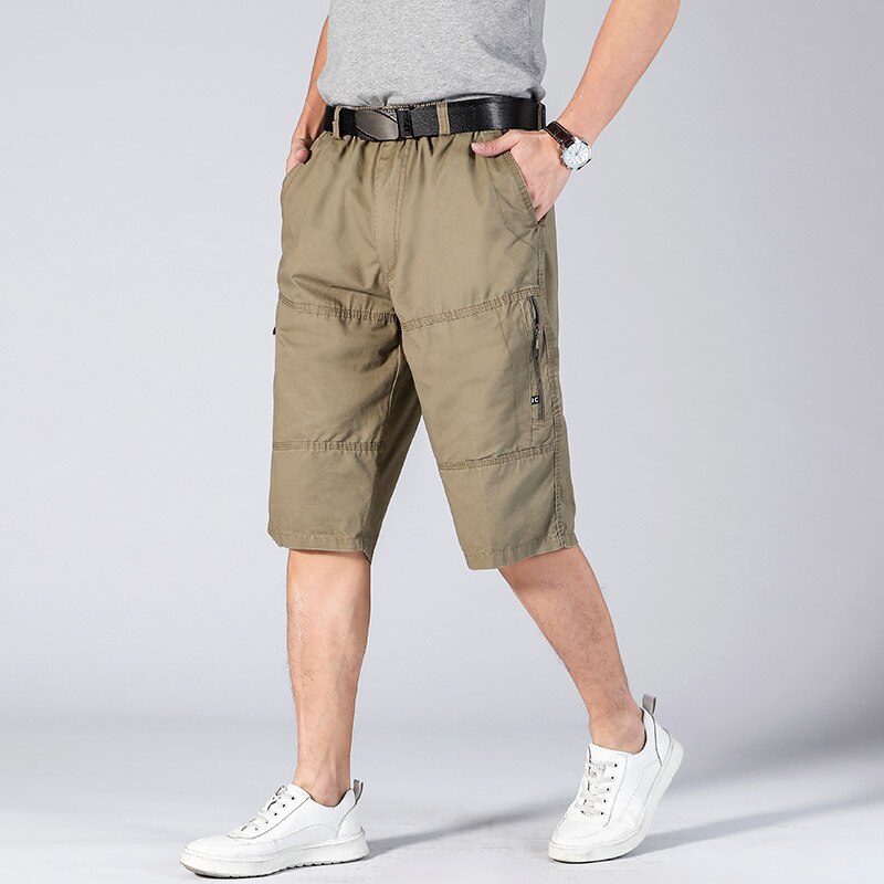 Długie spodenki męskie Cargo bezpieczne kieszeń na zamek bermudy męskie kolano długość w pasie luźna, bawełniana letnia męska bryczesy 3/4 Pant Men: Khaki / 4xl