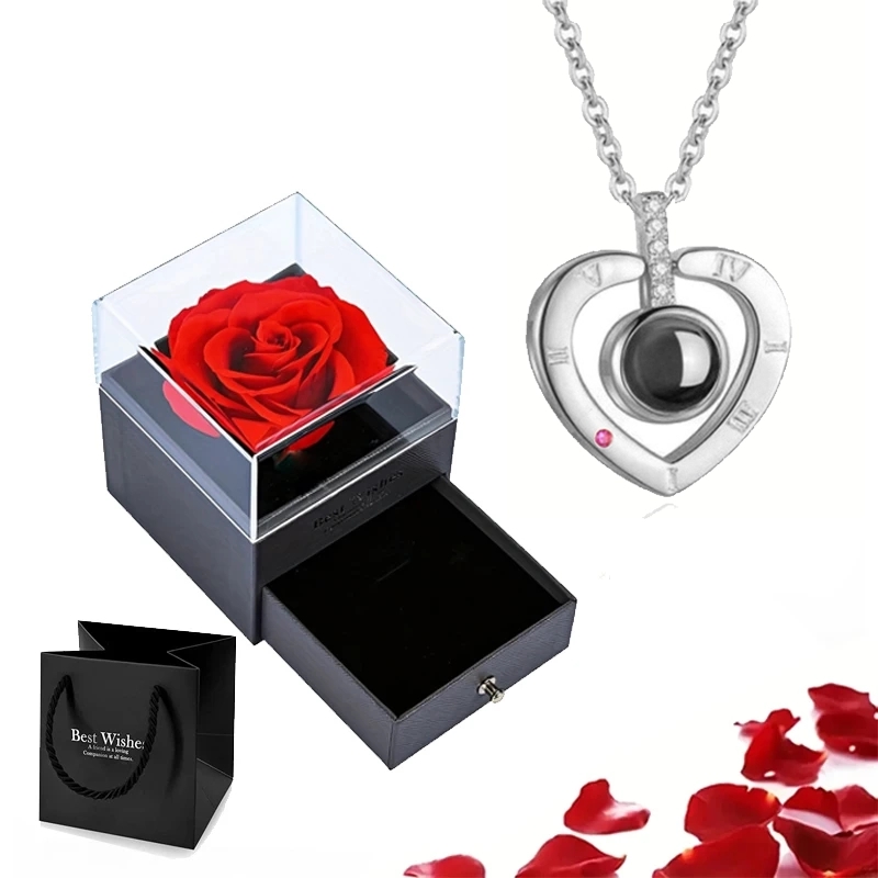Conjunto de colar de projeção com caixa de presente rosa 100 idiomas eu te amo coração pingente jóias 2024 para presentes namorada dropshipping