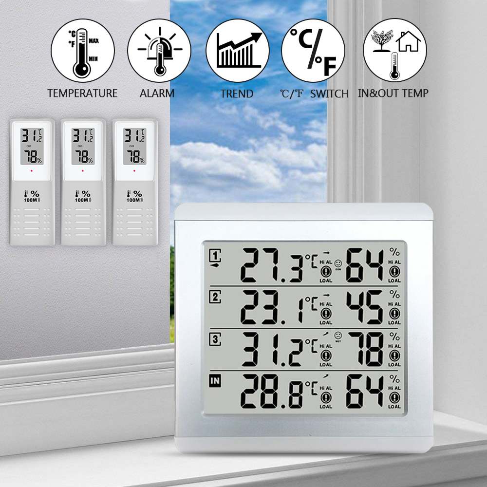 Väderstation termometer c/f värde display larm temperatur mätare station tester w / 3 utomhus inomhus trådlös sensor