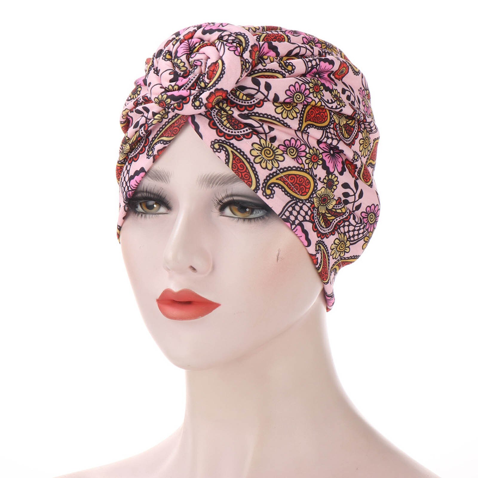 2020Fashion Women ethnic style hat scarf turban headgear cap printed Indian hat Baotou hat Muslim bottom cap mondkapjes wasbaar: Pink 