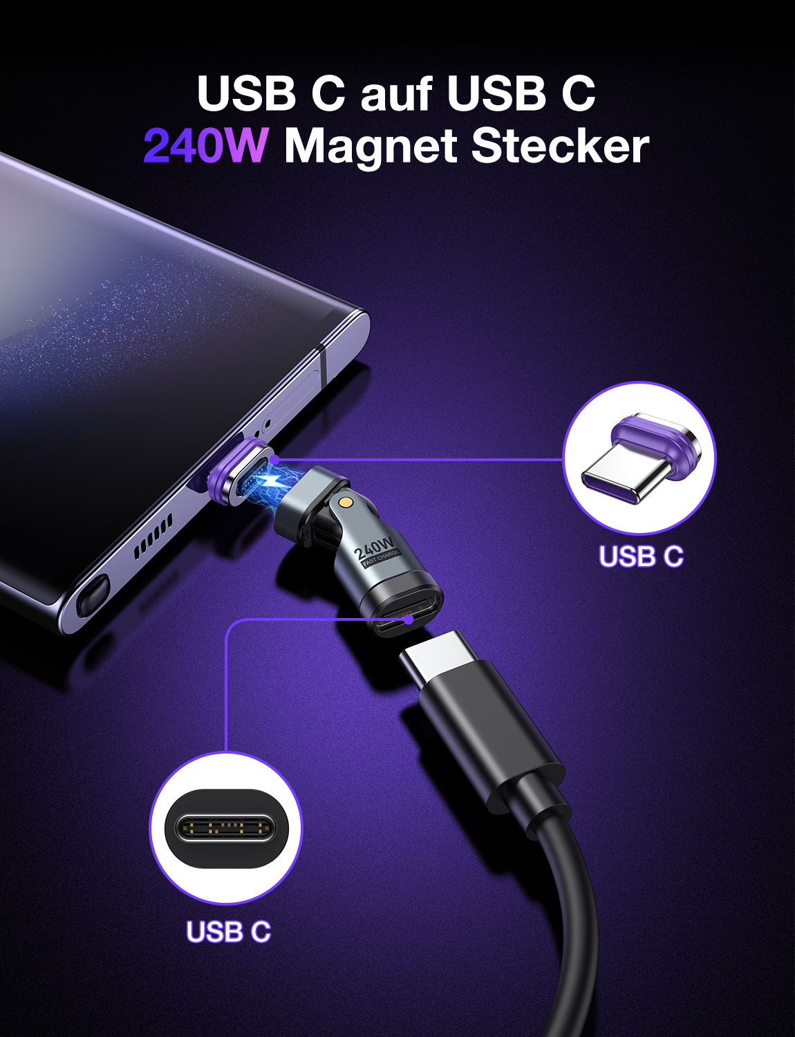 AUFU 240W Adapter magnetyczny USB typu C na USB C 16-pinowy konwerter USB C żeński 180 stopni do szybkiego ładowania iPhone MacBook Laptop