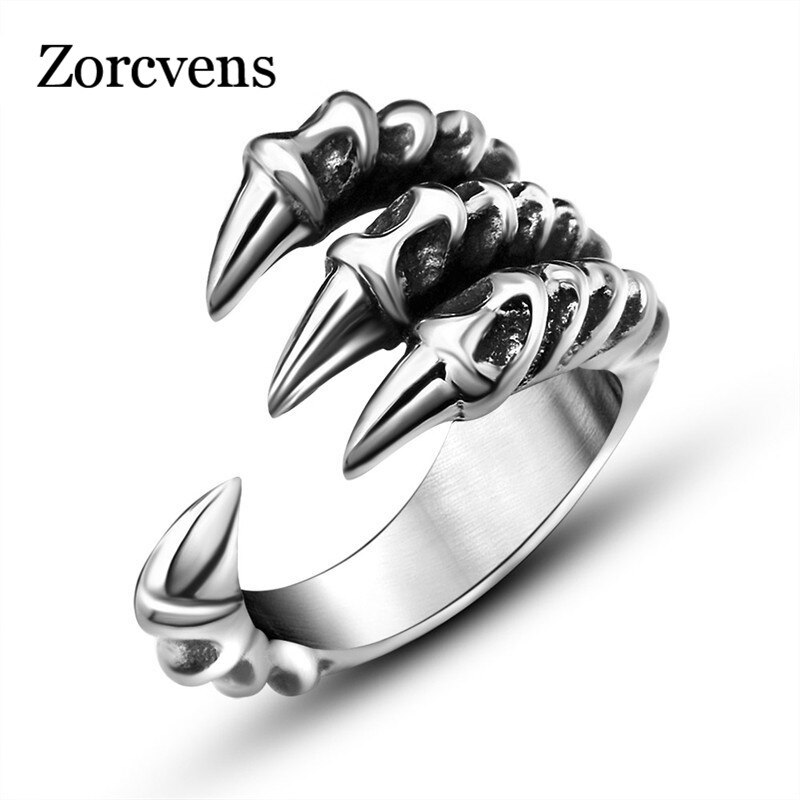 Zorcvens Punk Rock Roestvrij Staal Mens Biker Ringen Vintage Gothic Sieraden Zilveren-Kleur Dragon Claw Ring Mannen