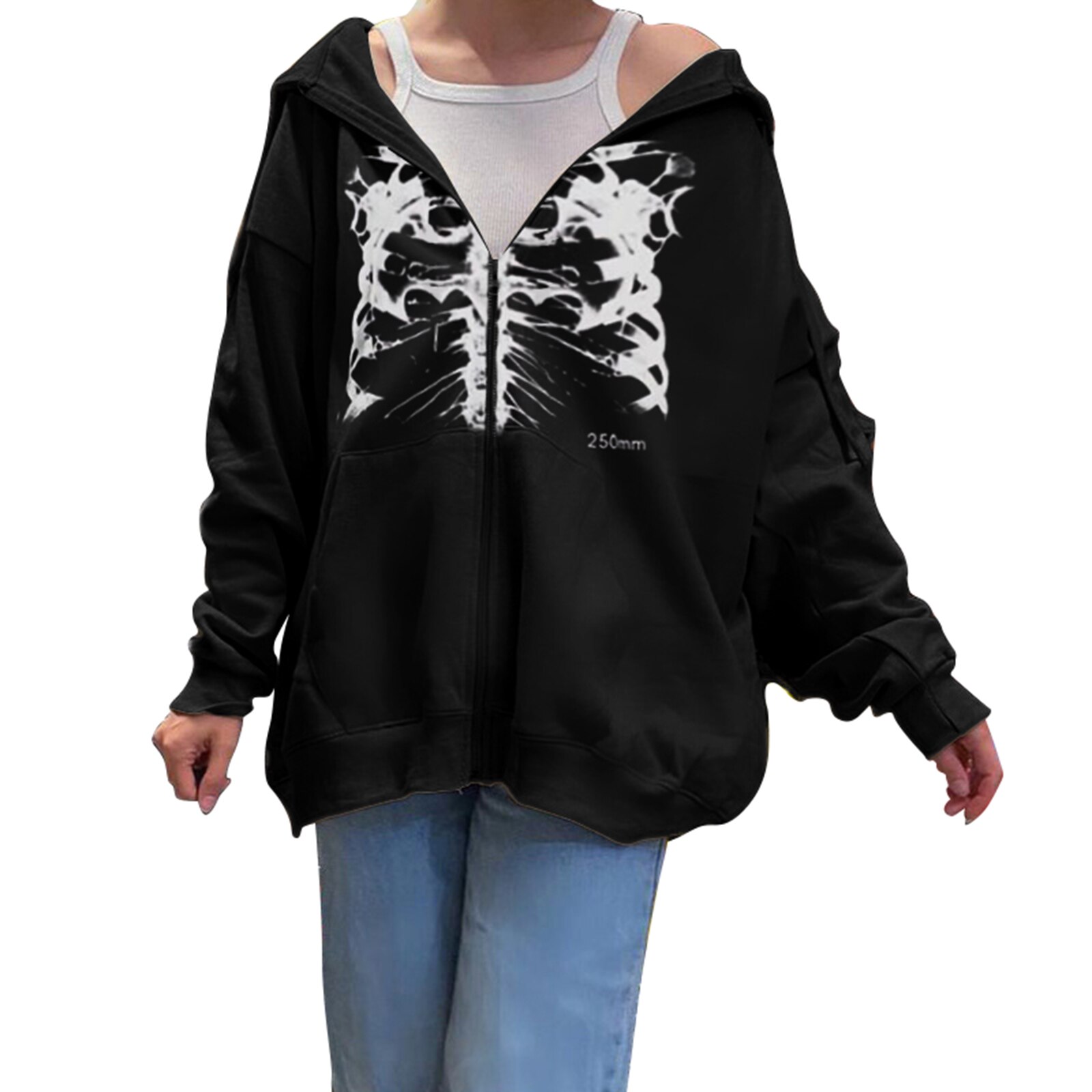 Y2K Esthetische Skull Gothic Jas Vrouwen Hooded Sweater Skelet Print Lange Mouwen Vintage Vest Met Trekkoord Zak: L / Black