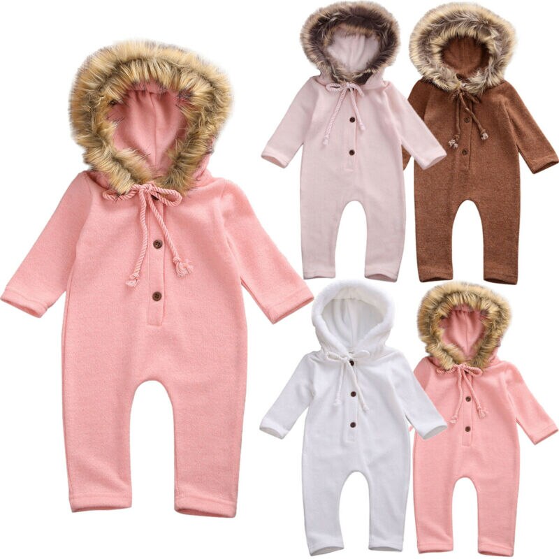 Brand Winter Newborn Baby Boy Girl Long Sleeve Fur Hooded Romper Jumpsuit Playsuit Outfits Warm Clothes 0-24M