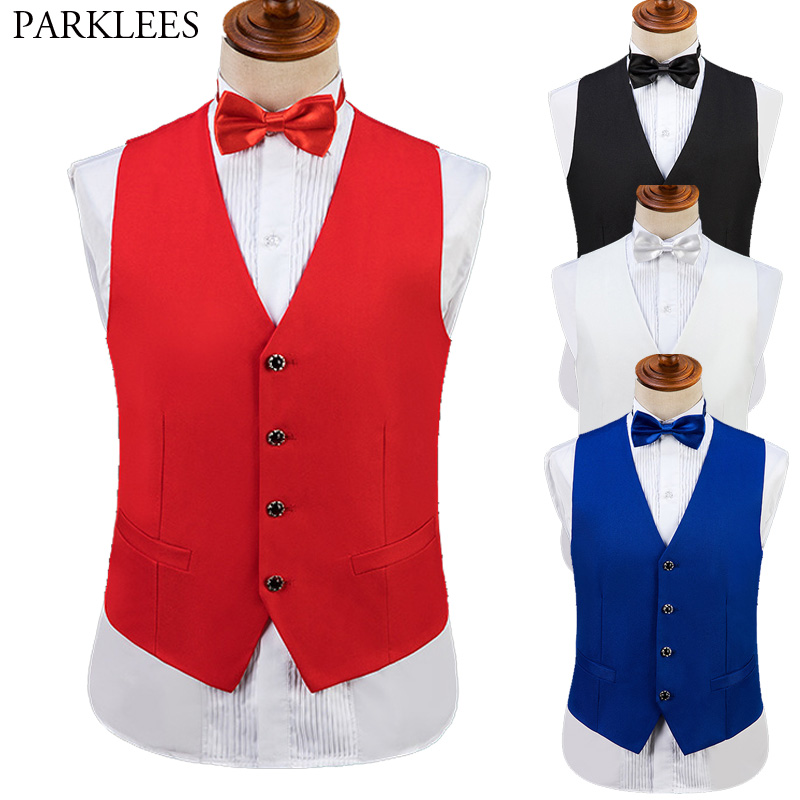 Men Vest Luxury Wedding Prom Waistcoat Mens+Bow Tie Solid Casual Vests Men Party Show Singer Men Clothing Gilet Homme