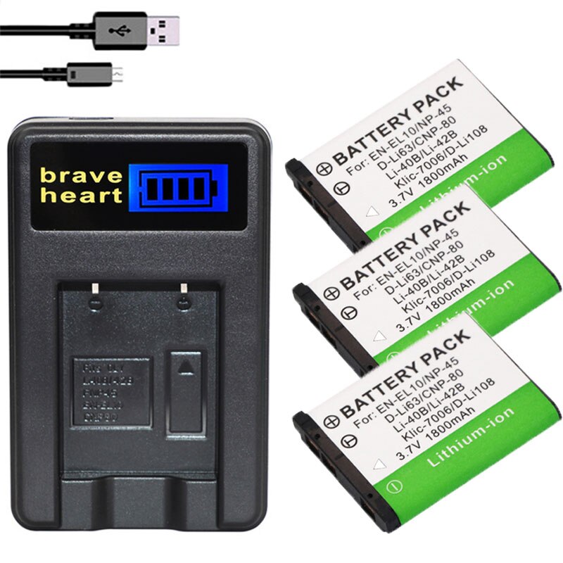 Baterías LI40B LI42B + cargador USB LCD para Li-40B /LI-42B, para Olympus, Nikon, EN-EL10, EN, EL10, ENEL10, Pentax, D-Li63, Fuji, 2 uds.: charger and 3battery