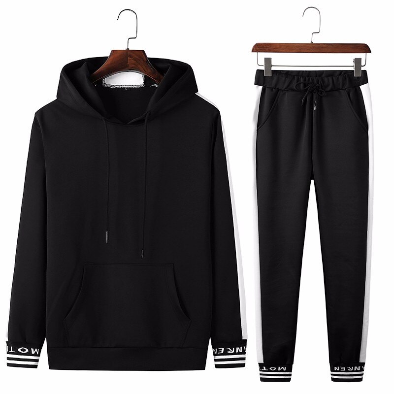 Sportkleding Fitness Trainingspak Mannen Sport Running Hoodies Zwart En Wit Sets Heren Gym Kleding 2 Pc Sweatshirt + Zweet Broek