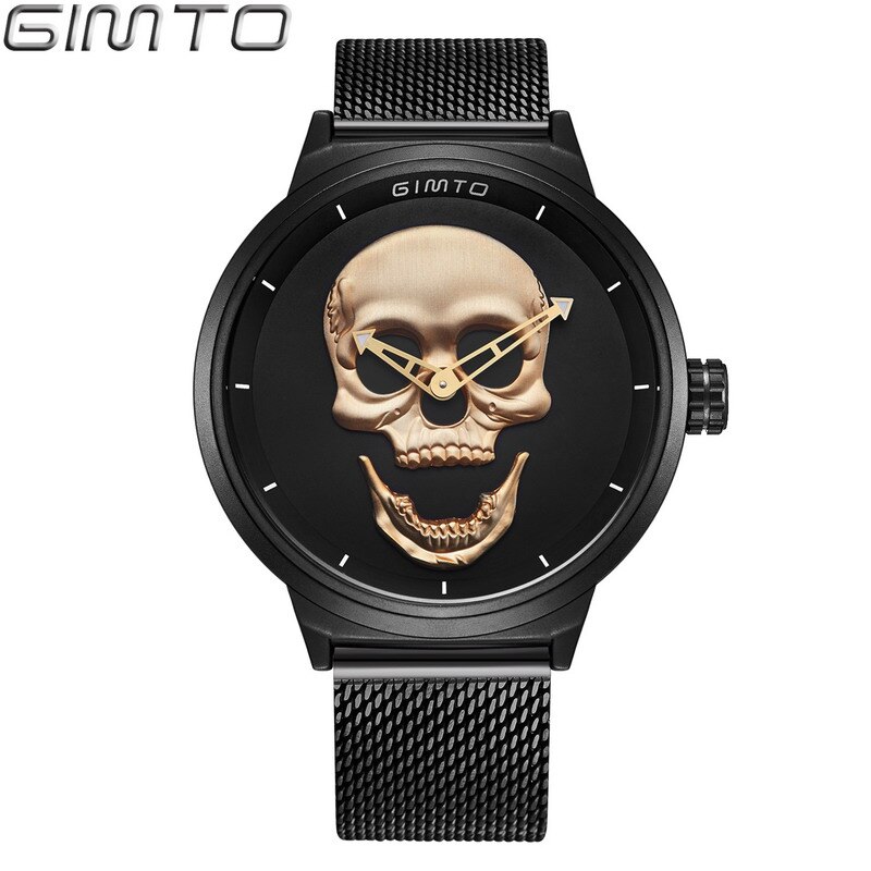 GIMTO-relojes casuales de acero inoxidable para hombre, reloj de pulsera masculino de cuarzo, con de calavera dorada, color negro: Dorado