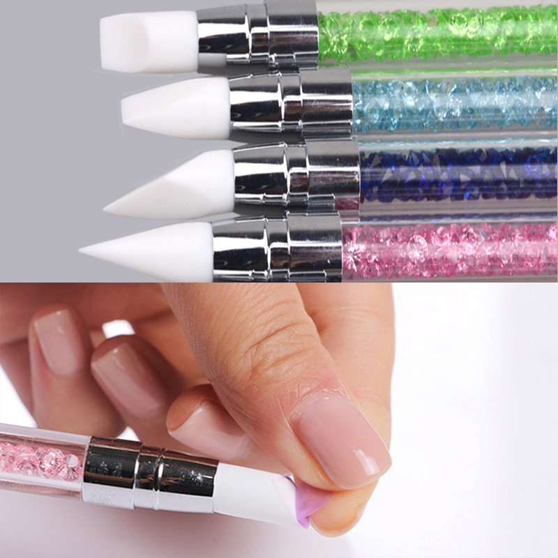 Pinceles con diamantes de imitación para uñas, pincel de doble punta, cabeza de silicona, mango de cuarzo acrílico, 1 ud.