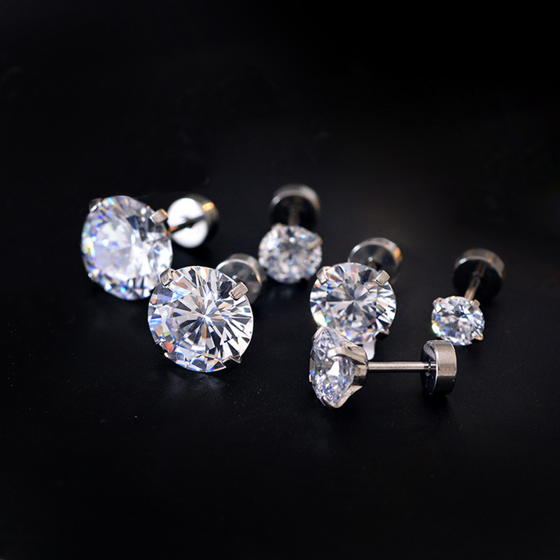 1Pair Stainless Steel Crystal Screw Back Stud Flat Earrings for Women Men Punk Cool Clear Cubic Zirconia Tiny Piercing Style