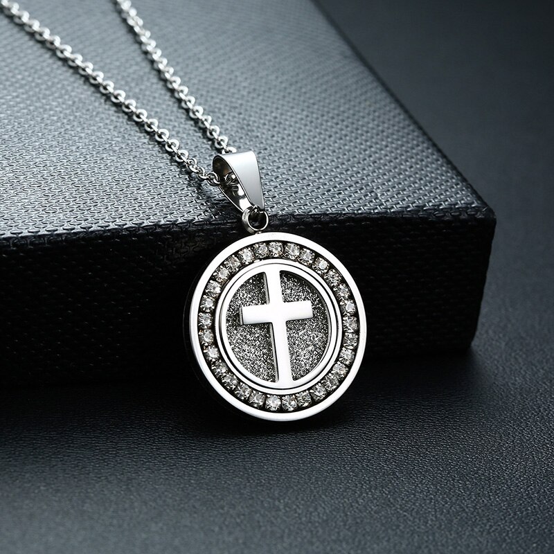 EyeYoYo Hip hop Zircon Cross Round Necklace Men Shine Party Pendant Necklace 316L Stainless Steel Trendy Jewelry