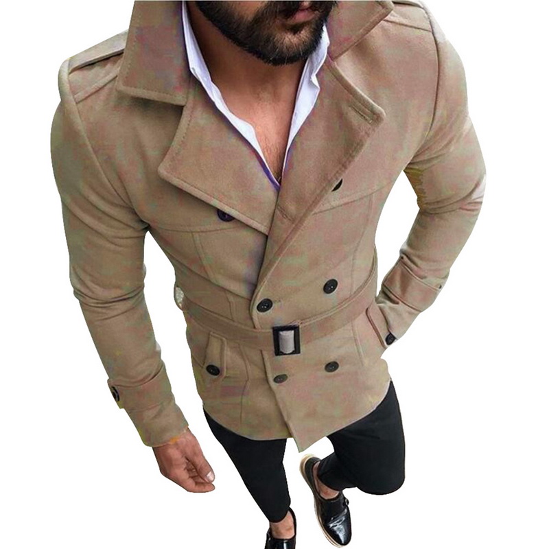 Trench Coat Men Classic Double Breasted Mens Long Coat Mens Clothing Long Jackets Coats British Style Overcoat: Khaki / L