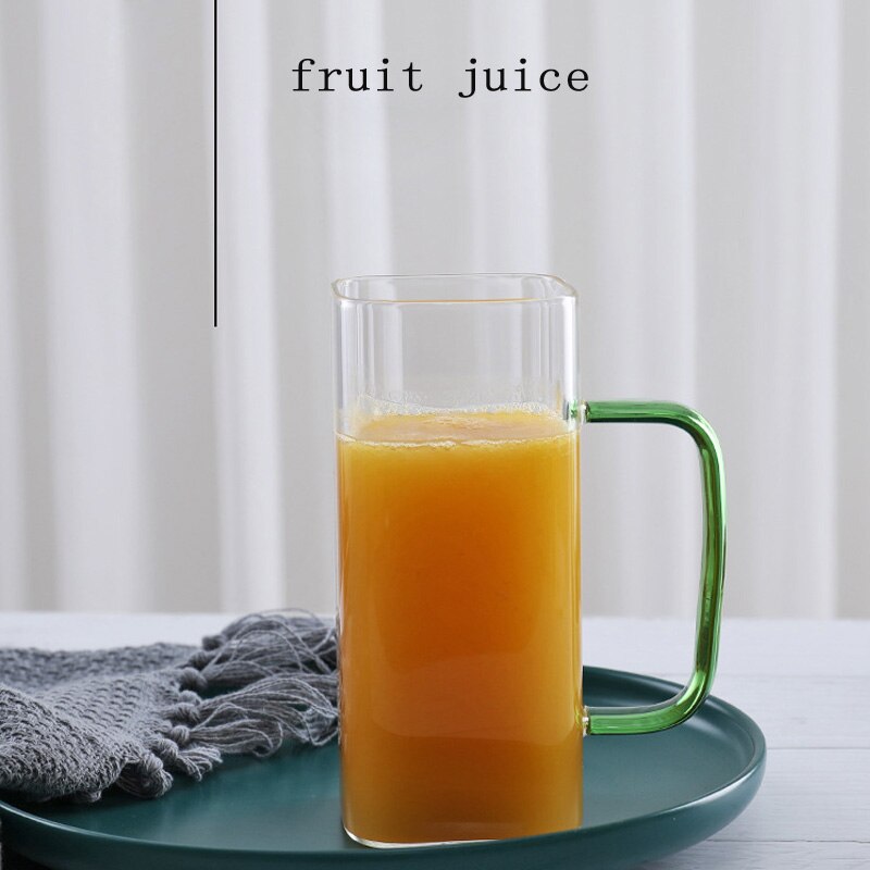 Square glass square cup household transparent with a juice cup can be heated breakfast cup: Green handle