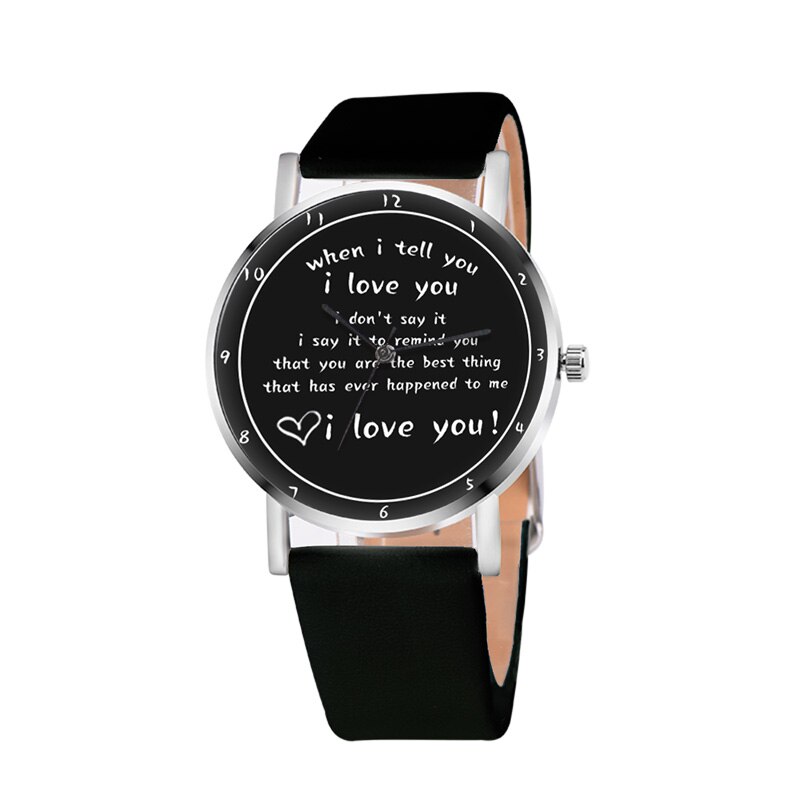 Letters Gedrukt Horloge Quartz Horloge Met Pu Lederen Band I Love U Horloge Voor Vrouwen Meisjes H9: Black