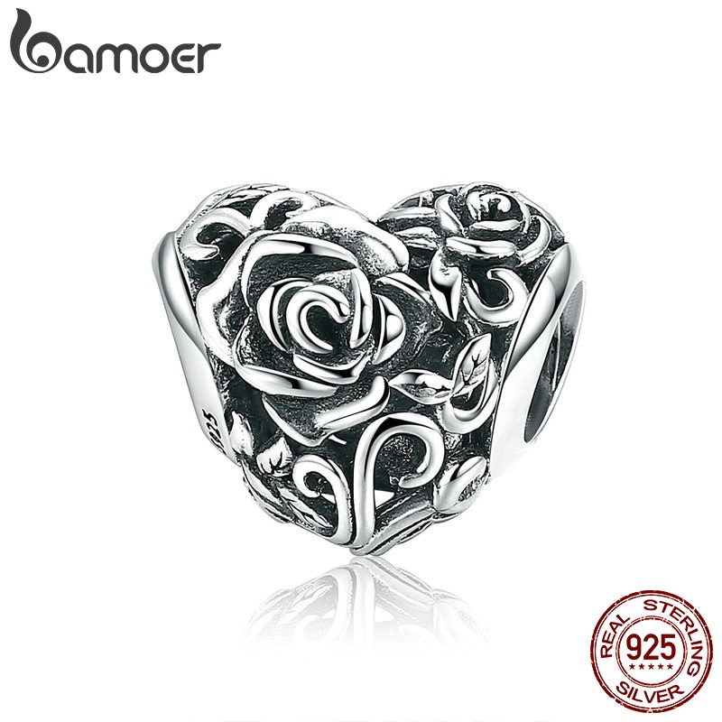 BAMOER New Romantic 925 Silver Rose Fiore Incidere Cuore misura Branelli Braccialetti Con Ciondoli & braccialetti DEI MONILI di DIY Che Fanno SCC790