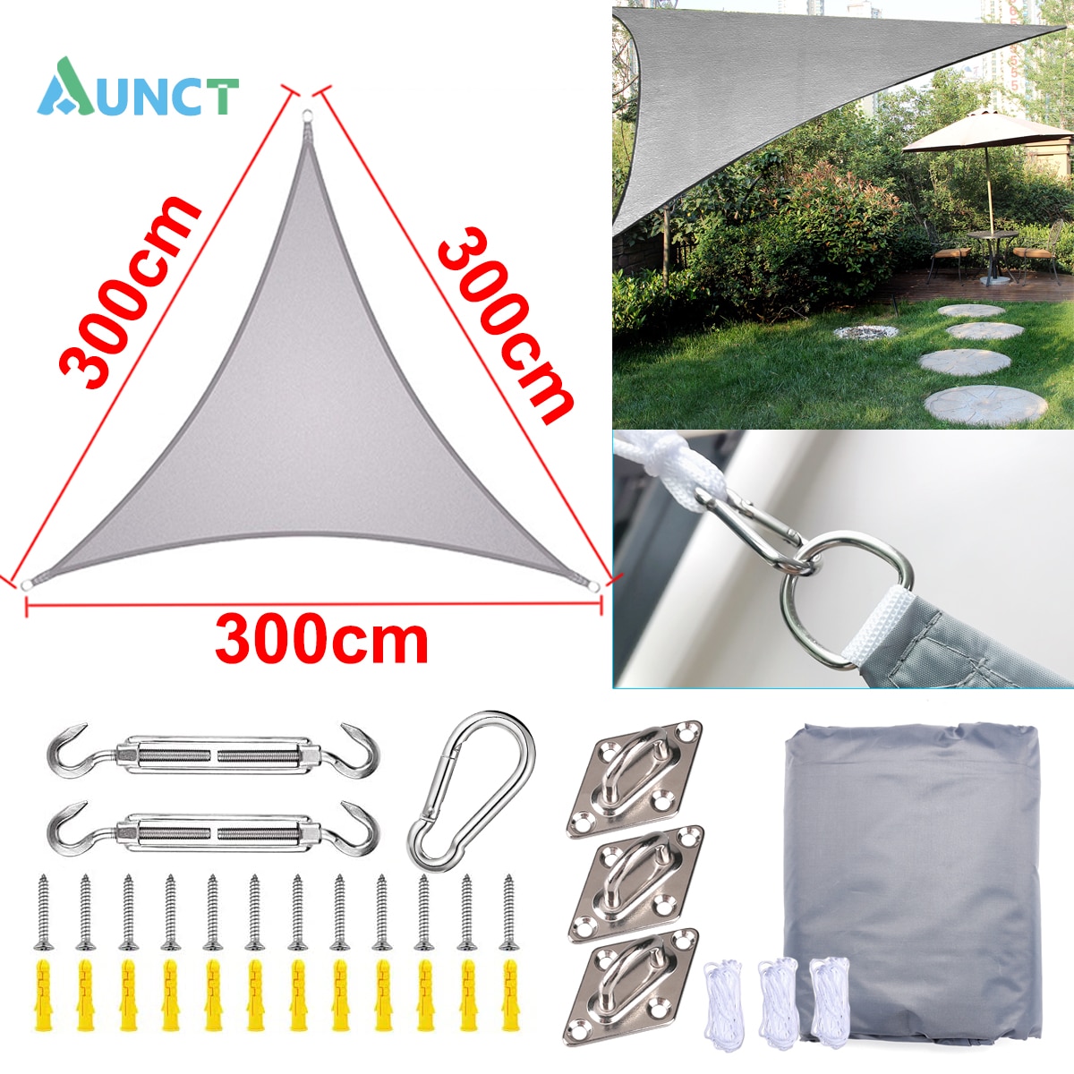 Aunct 3x3x3M Triangle Gray 300D Awnings Outdoor Waterproof Shade Sail Oxford Fabric Sun shade gazebo garden swimming Hiking YARD