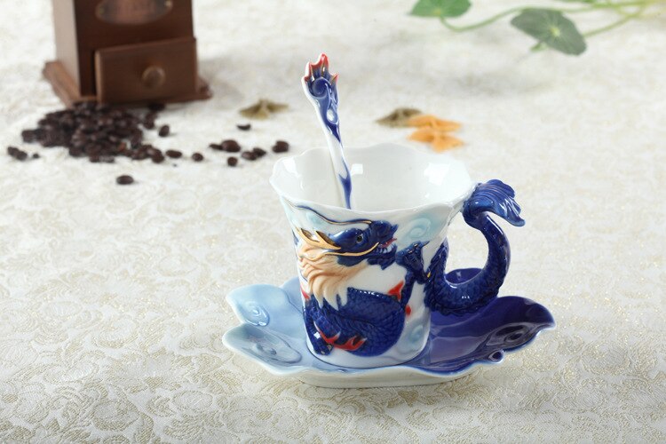 Enamel Porcelain Dragon Phoenix Coffee Cup Dragon Mug Tableware Set: Dragon 3