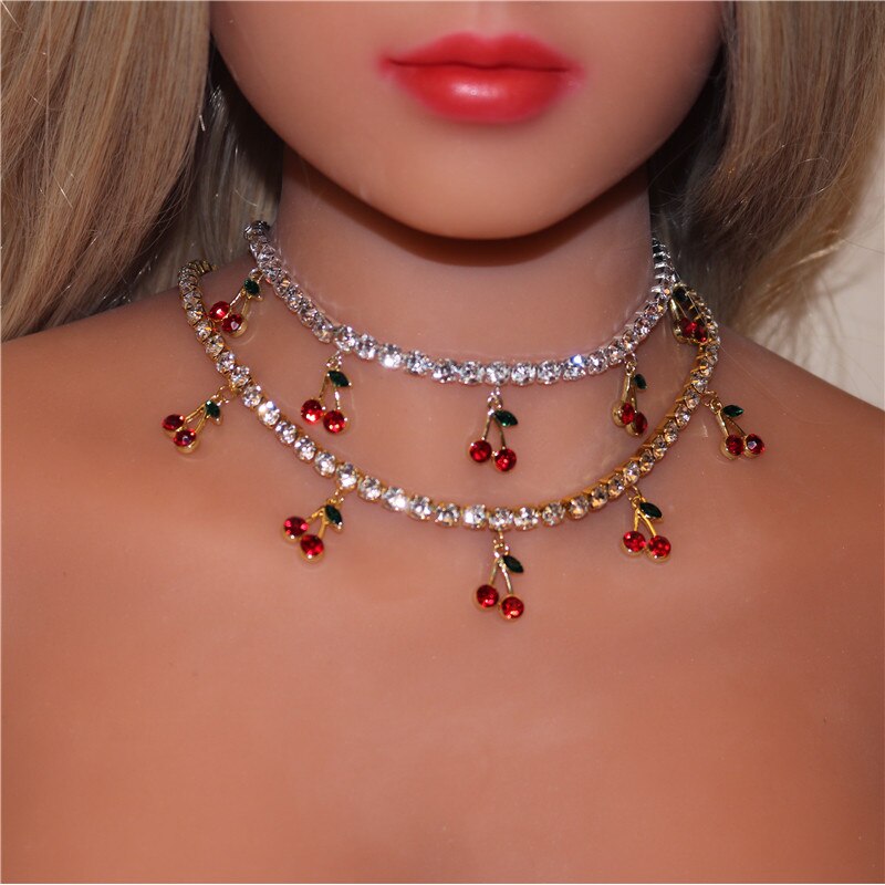 Neue Koreanische rot Kirsche Kristall Anhänger Halskette für Frauen Bling Strass Tennis Kette Halskette Luxus Schmuck: Silber-