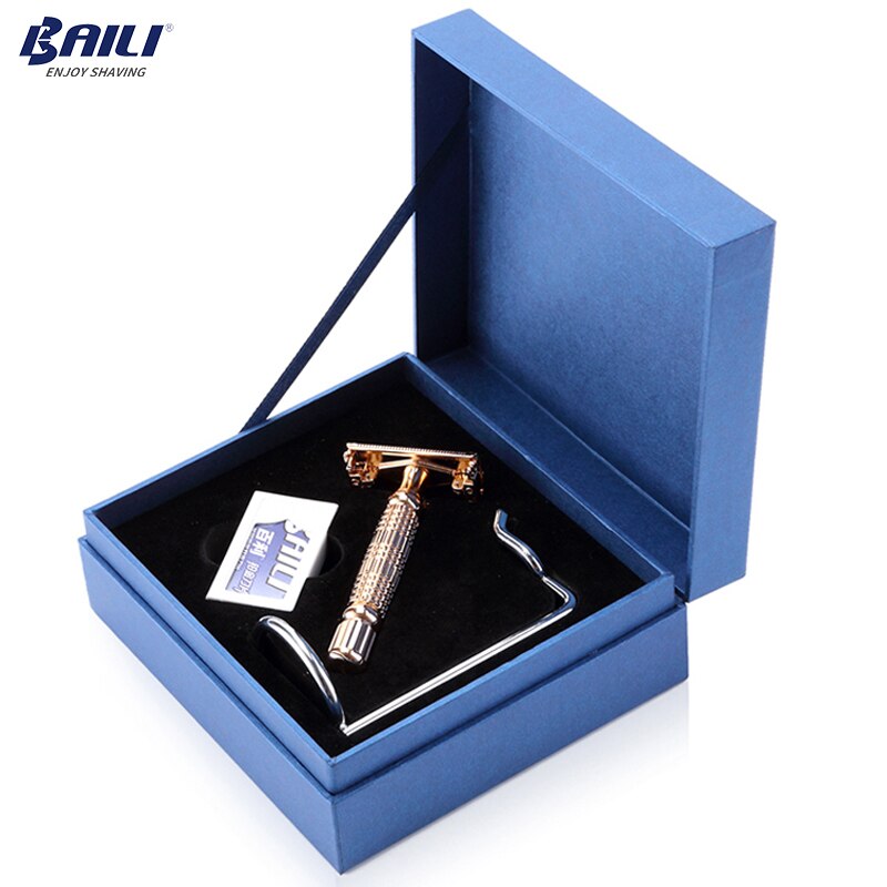 BAILI Vlinder Open Hoofd Handleiding Kapper Double Edge Blade Scheren Scheermes Scheerapparaat Houder Set voor Mannen BD521G