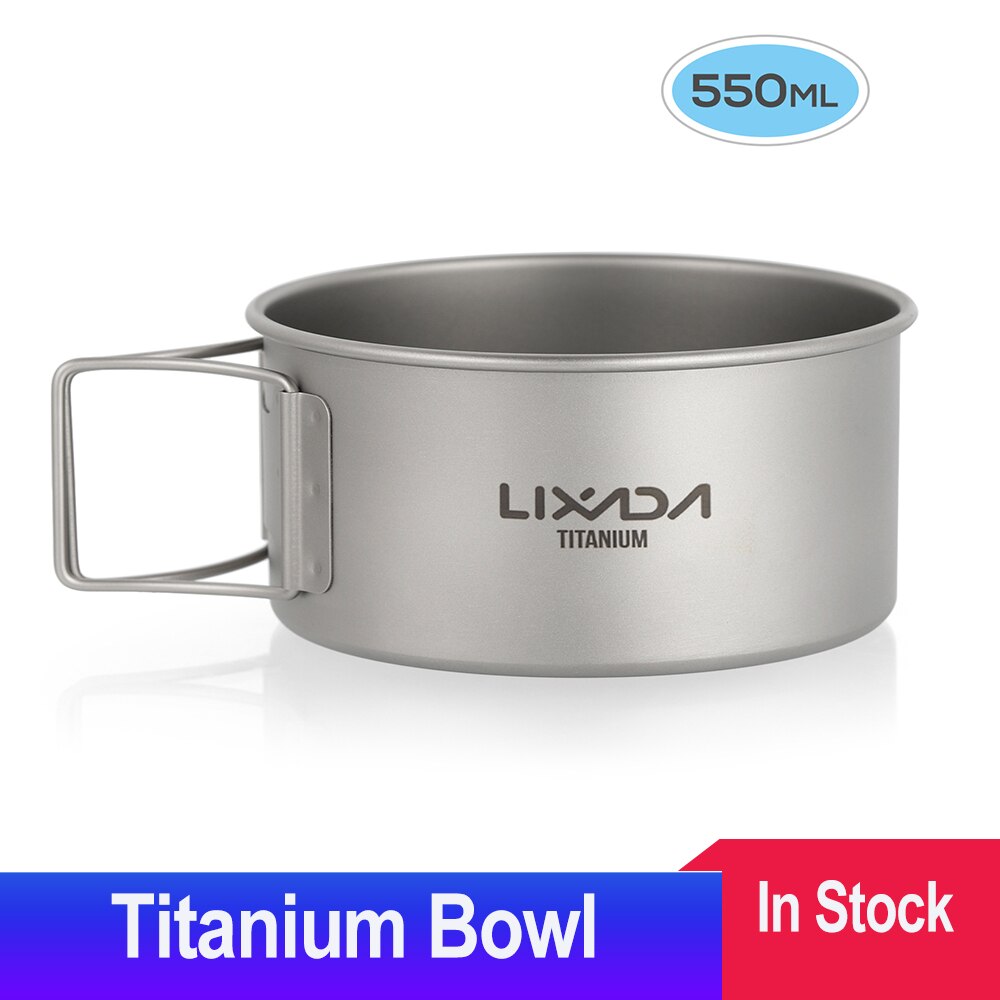 Titanium Bowl with Folding Handles Camping Bowl Dinner Food Container Outdoor Pan for Outdoor Camping Hiking Backpacking