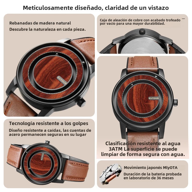 EUTOUR-Reloj unisex con cuentas magnéticas, reloj con elementos de de madera, correa de cuero PU, de manecillas únicas, reloj informal de negocios